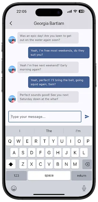 Screenshot of the Fishily app on a chat page showing messages between two users