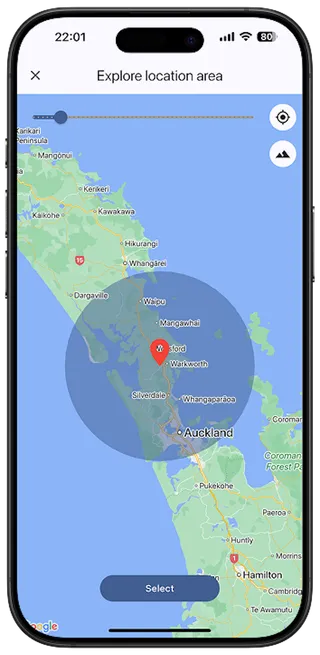 Screenshot of the Fishily app on a map page showing an area being selected
