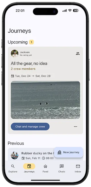 Screenshot of the Fishily app on the journeys page showing an upcoming journey